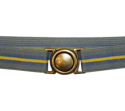Cinturón estrecho elástico verde con rayas azul y mostaza
